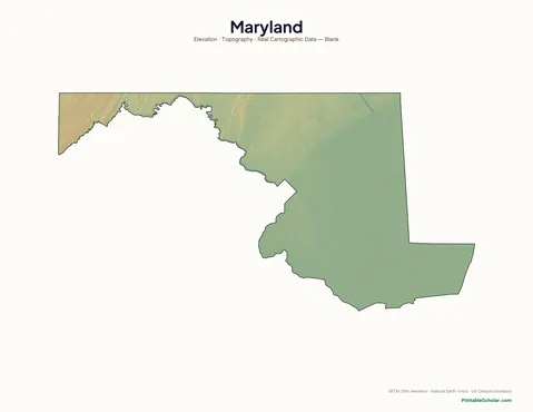 Maryland blank physical map — same topographic relief, no labels, for label-it-yourself geography exercises