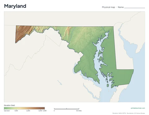 Maryland blank physical map: the same terrain with no labels, for labeling practice