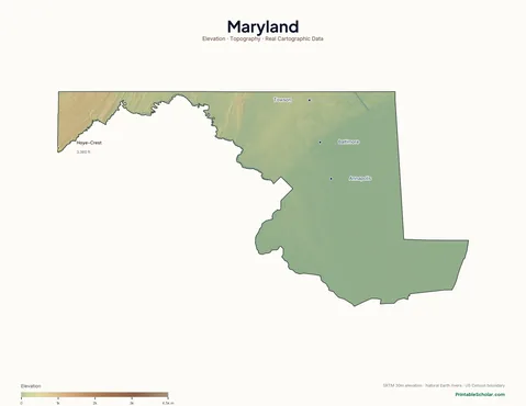 Maryland physical map labeled — showing the Chesapeake Bay, the Allegheny Mountains, and the Piedmont, with peak elevations and major cities marked