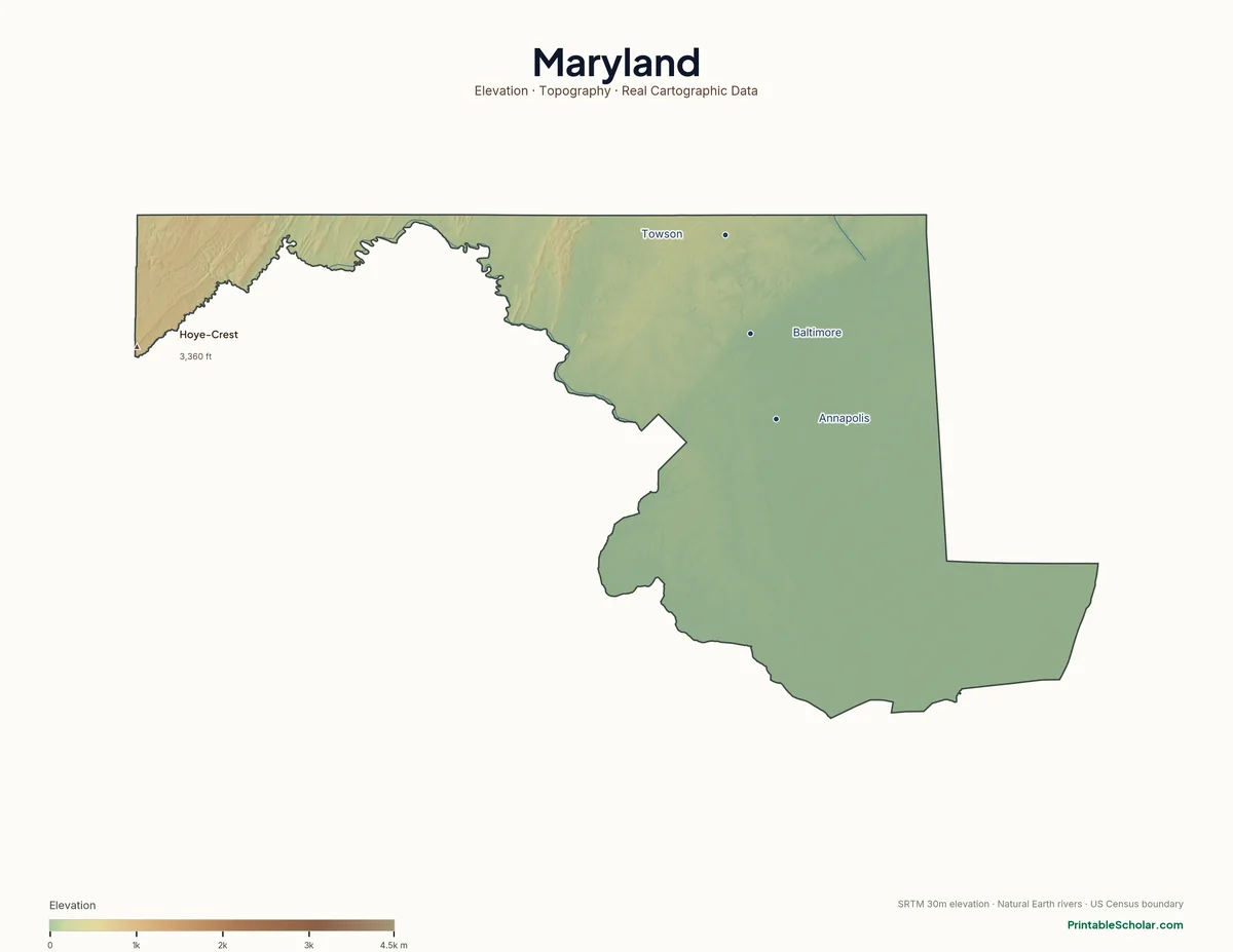 Maryland physical map showing the Chesapeake Bay, the Allegheny Mountains, and the Piedmont, with major peaks and cities labeled. Topographic relief from NASA SRTM elevation data.