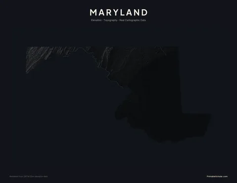 Maryland topographic relief poster — high-contrast monochrome rendering of the Chesapeake Bay, the Allegheny Mountains, and the Piedmont