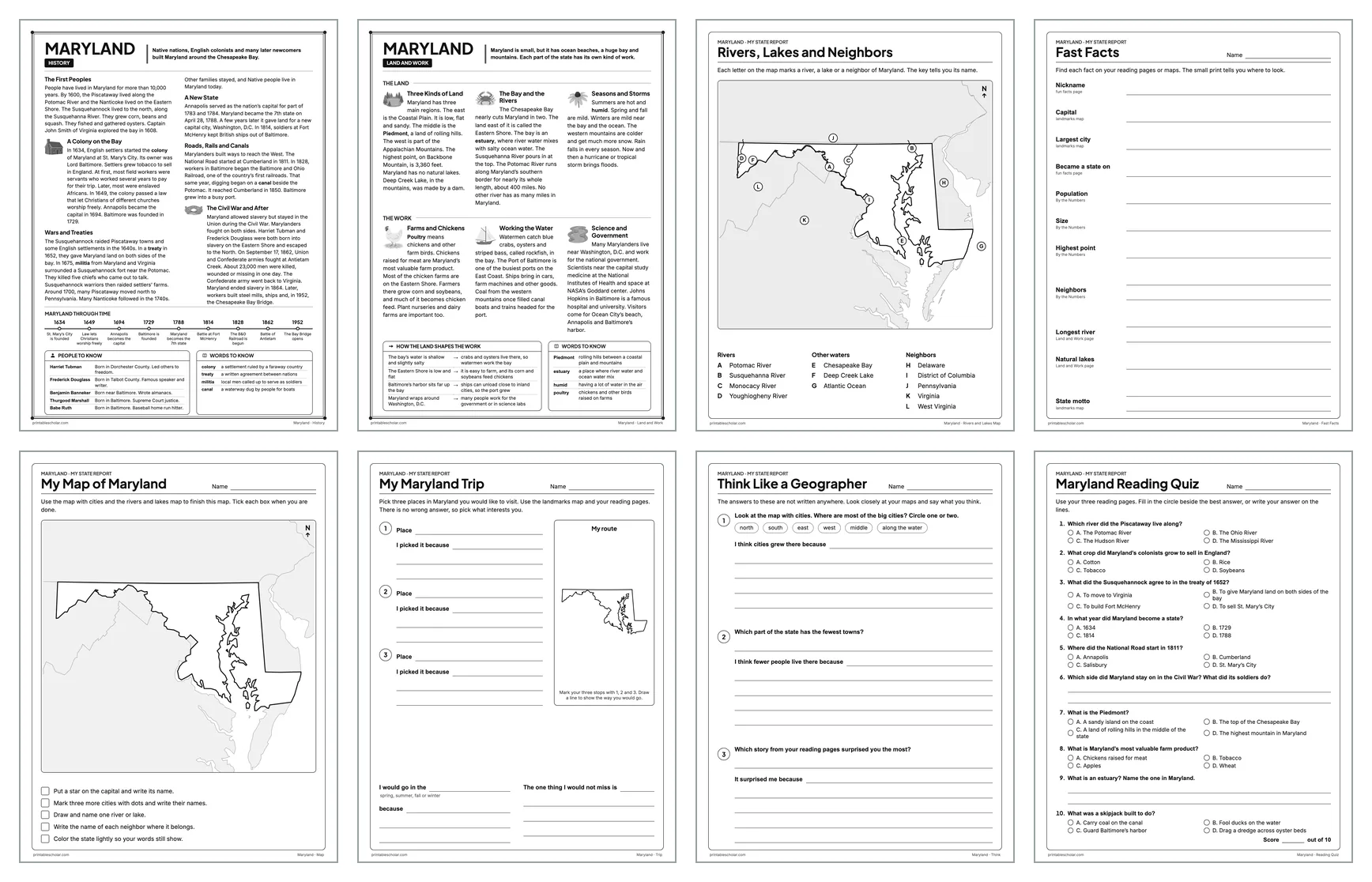 Eight pages from the Maryland State Report Kit: History, Land and Work, the rivers and lakes map, Fast Facts, My Map, My Trip, Think Like a Geographer and the reading quiz
