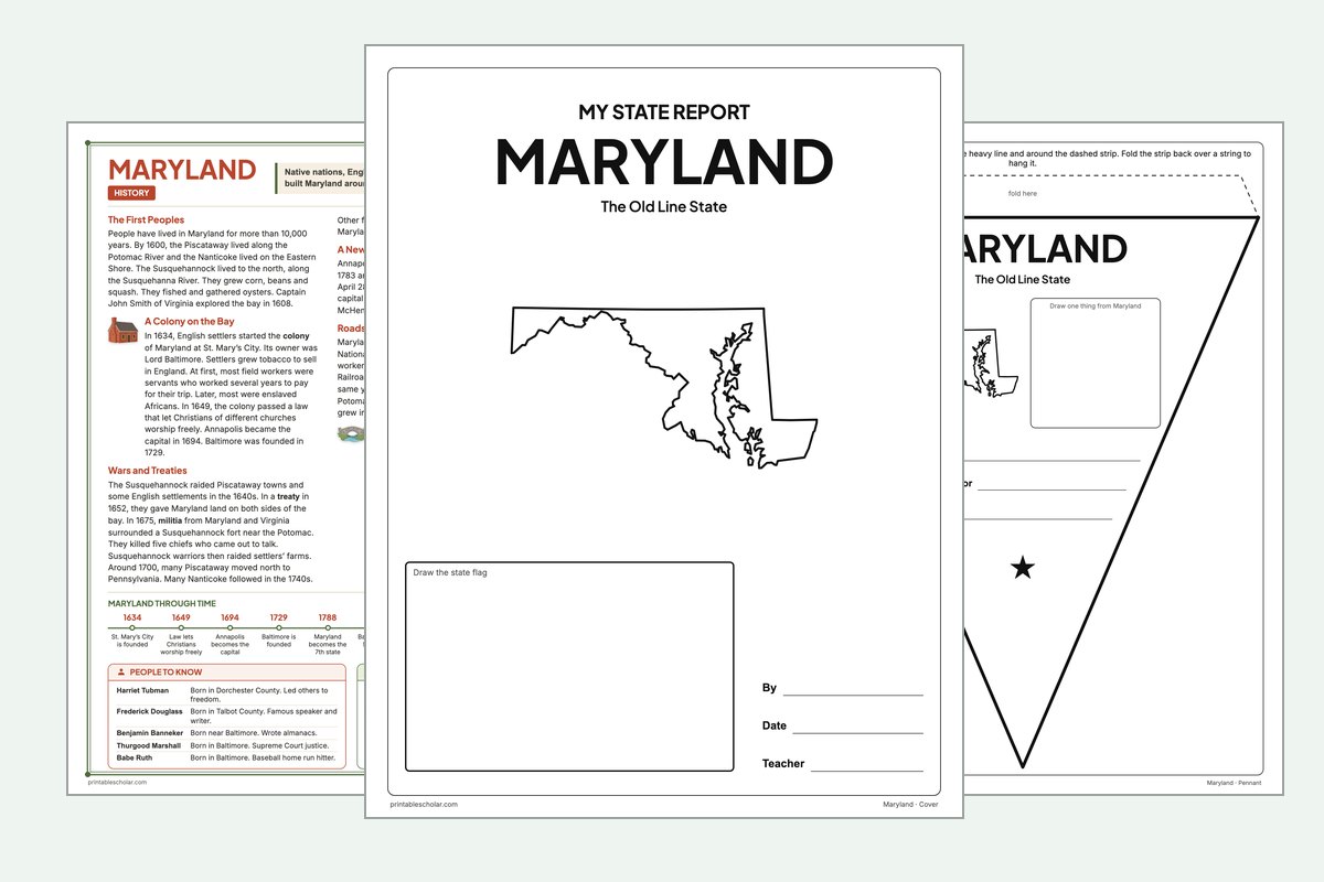 Maryland State Report Kit: the report booklet cover, the history reading page and the pennant