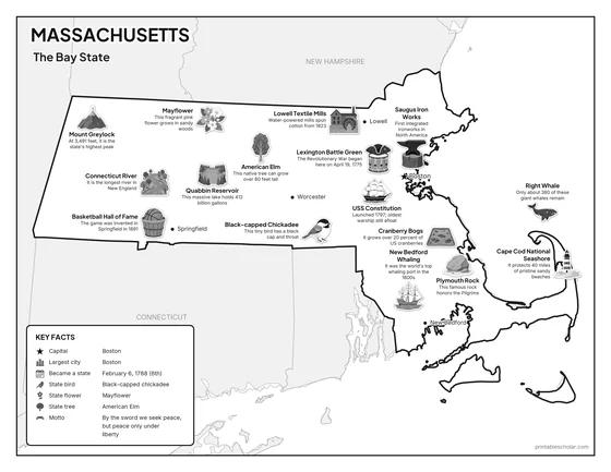 Black and white illustrated map of Massachusetts