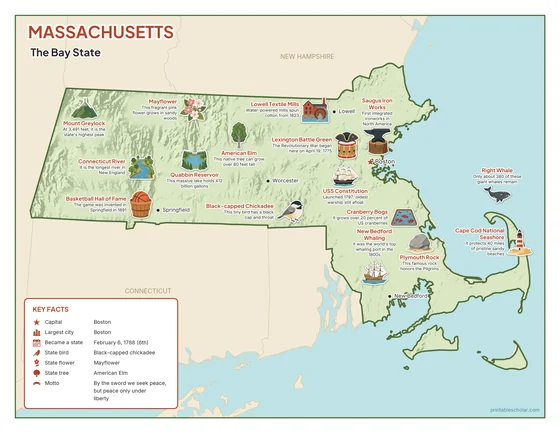 Illustrated map of Massachusetts in color