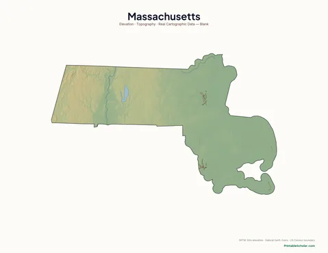 Massachusetts blank physical map — same topographic relief, no labels, for label-it-yourself geography exercises