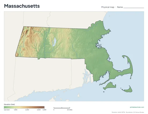 Massachusetts blank physical map: the same terrain with no labels, for labeling practice