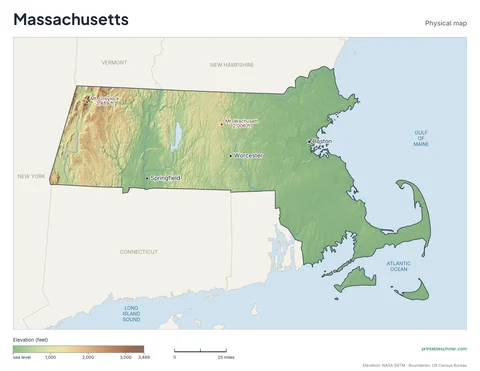 Massachusetts physical map, labeled: the Berkshires, Connecticut River Valley, and Cape Cod, with the capital, cities and highest point marked