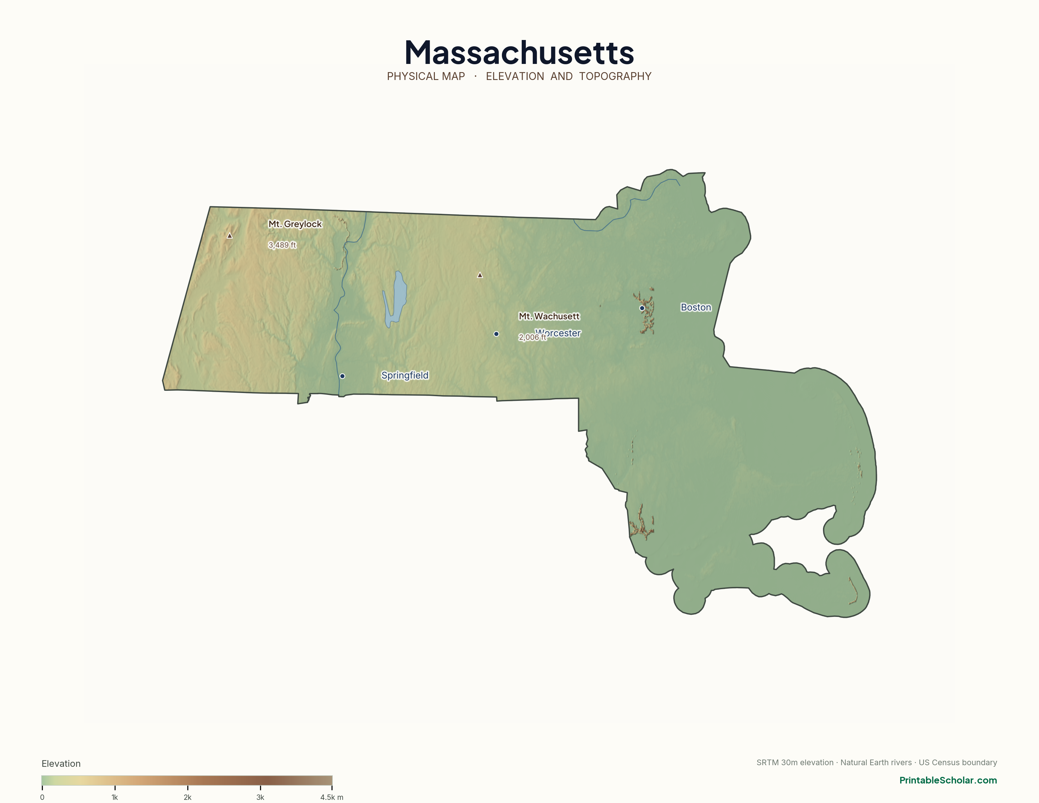 Massachusetts physical map with labeled peaks, cities, and rivers