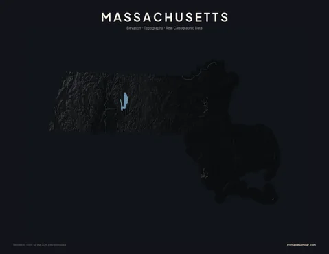 Massachusetts topographic relief poster — high-contrast monochrome rendering of the Berkshires, Connecticut River Valley, and Cape Cod