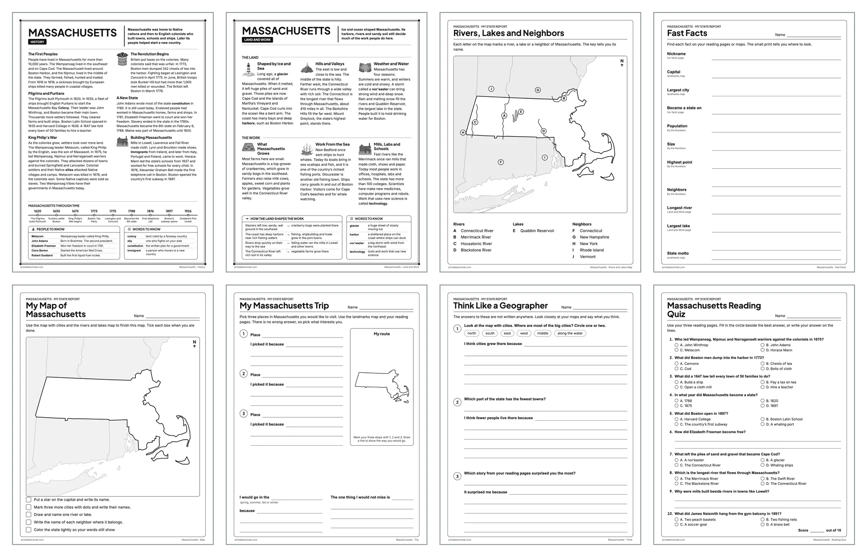 Eight pages from the Massachusetts State Report Kit: History, Land and Work, the rivers and lakes map, Fast Facts, My Map, My Trip, Think Like a Geographer and the reading quiz