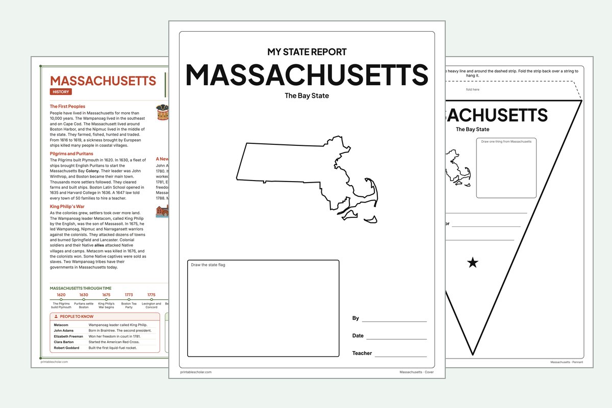 Massachusetts State Report Kit: the report booklet cover, the history reading page and the pennant
