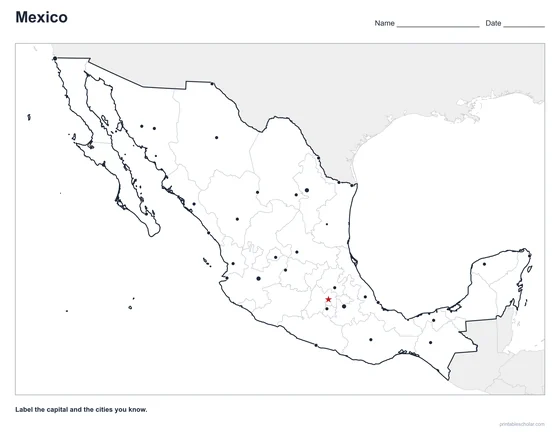Mexico Map with Cities, blank