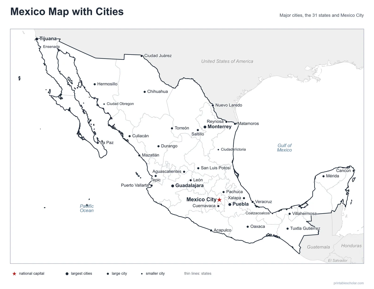 Mexico Map with Cities, labeled