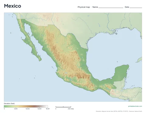 Mexico physical map, blank, for labeling practice