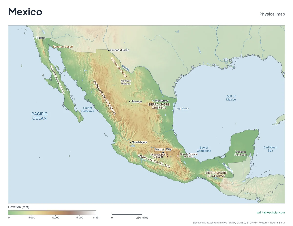 Physical map of Mexico with mountain ranges, deserts, rivers and highest peaks labeled
