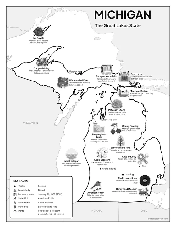 Black and white illustrated map of Michigan