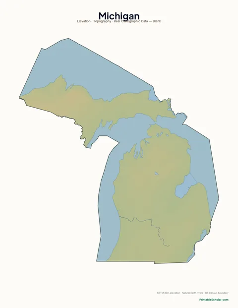 Michigan blank physical map — same topographic relief, no labels, for label-it-yourself geography exercises