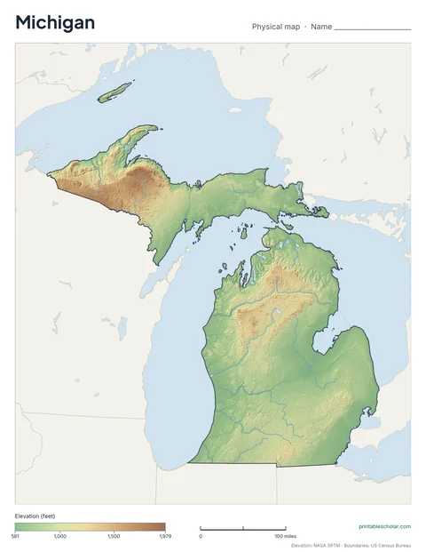 Michigan blank physical map: the same terrain with no labels, for labeling practice