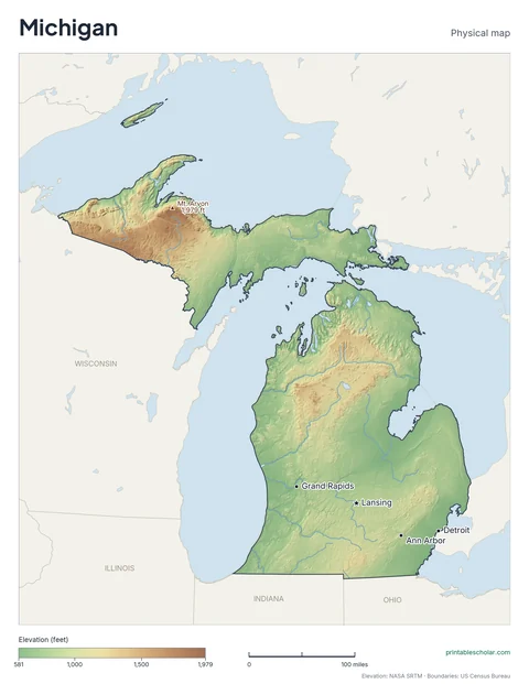 Michigan physical map, labeled: the Upper Peninsula’s Porcupine Mountains, the Great Lakes shoreline, and the Lower Peninsula’s glacial moraines, with the capital, cities and highest point marked