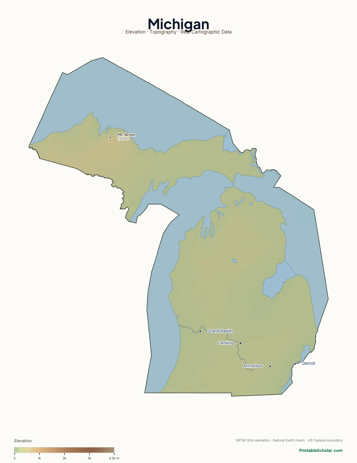 Michigan physical map showing the Upper Peninsula’s Porcupine Mountains, the Great Lakes shoreline, and the Lower Peninsula’s glacial moraines, with major peaks and cities labeled. Topographic relief from NASA SRTM elevation data.