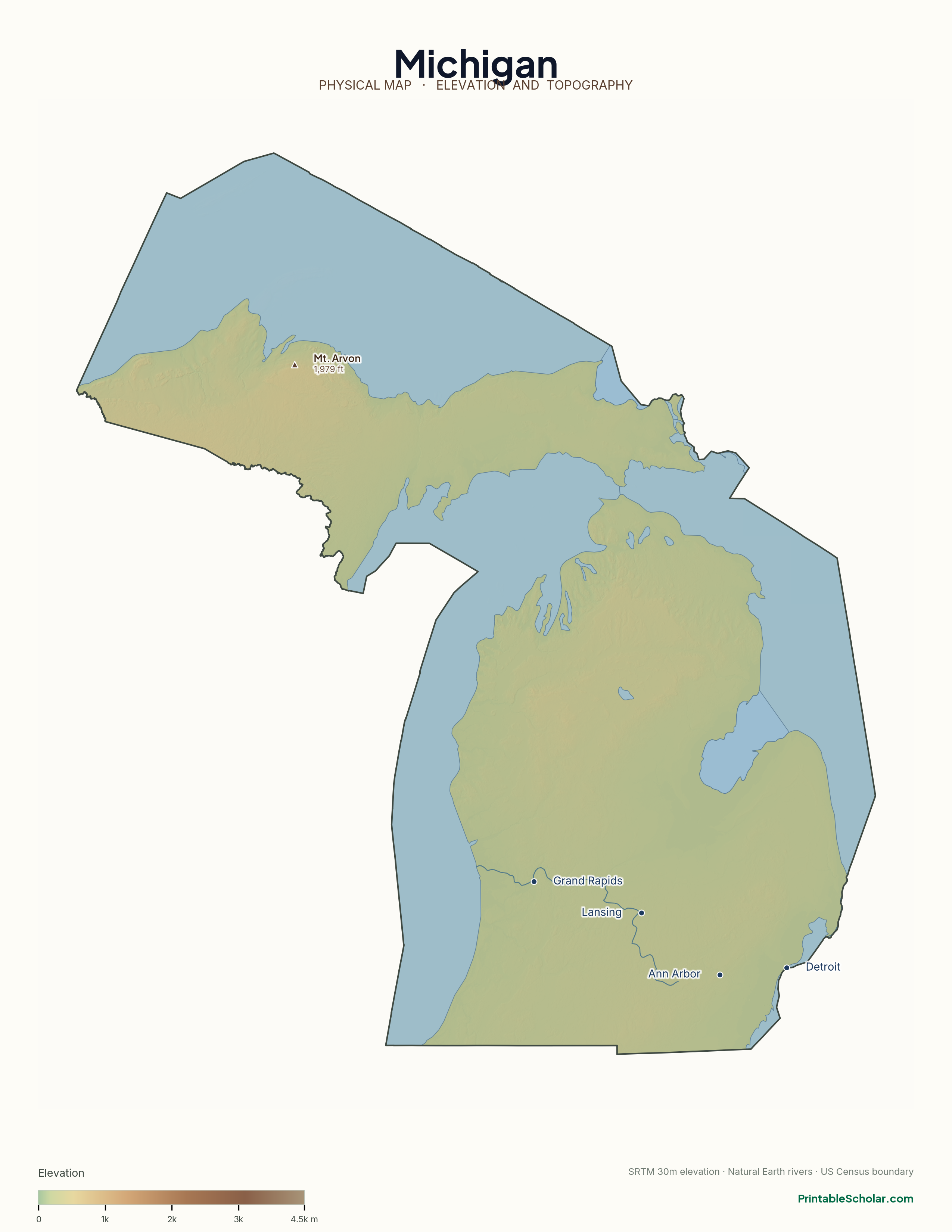 Michigan physical map with labeled peaks, cities, and rivers