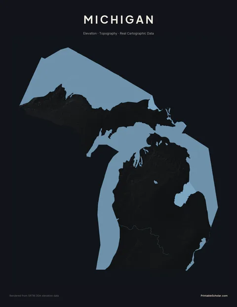 Michigan topographic relief poster — high-contrast monochrome rendering of the Upper Peninsula’s Porcupine Mountains, the Great Lakes shoreline, and the Lower Peninsula’s glacial moraines