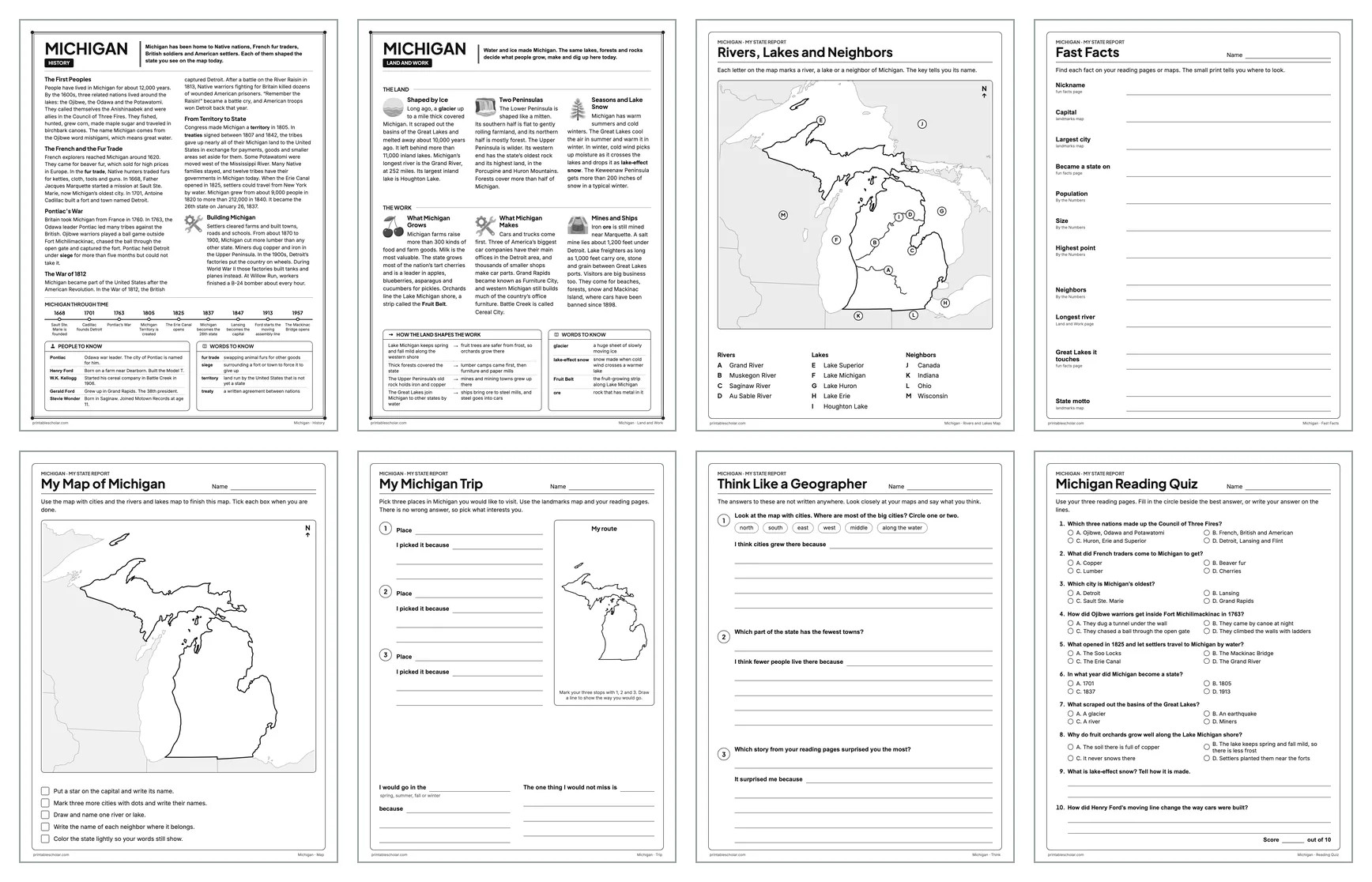 Eight pages from the Michigan State Report Kit: History, Land and Work, the rivers and lakes map, Fast Facts, My Map, My Trip, Think Like a Geographer and the reading quiz