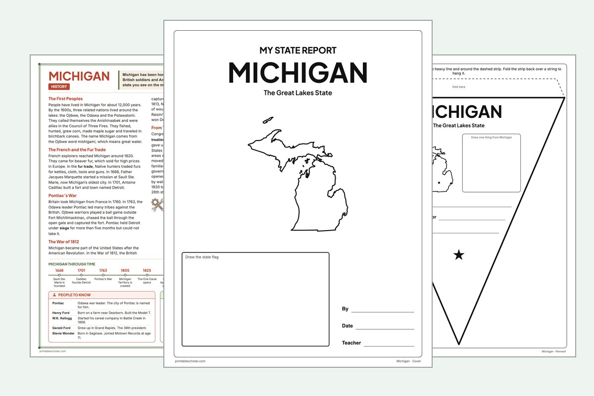Michigan State Report Kit: the report booklet cover, the history reading page and the pennant