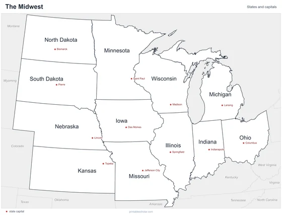 Midwest States Map, labeled