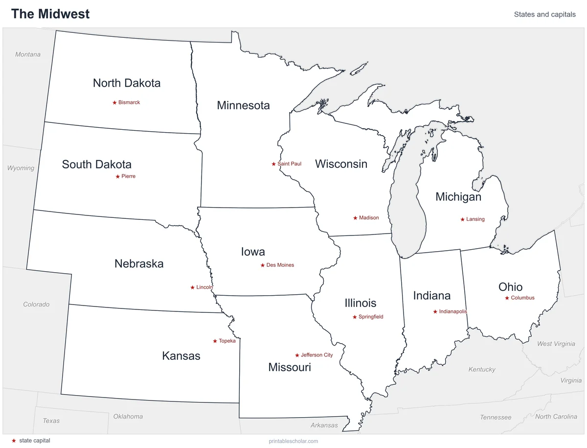 Midwest States Map, labeled