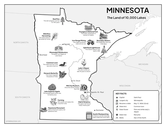 Black and white illustrated map of Minnesota