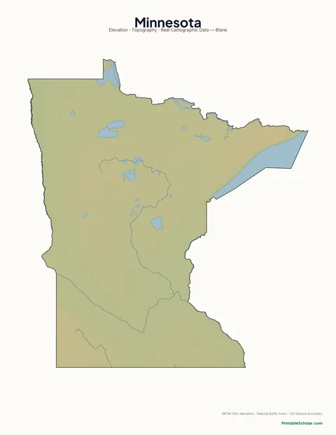 Minnesota blank physical map — same topographic relief, no labels, for label-it-yourself geography exercises