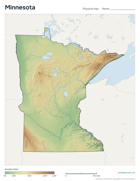 Minnesota blank physical map: the same terrain with no labels, for labeling practice