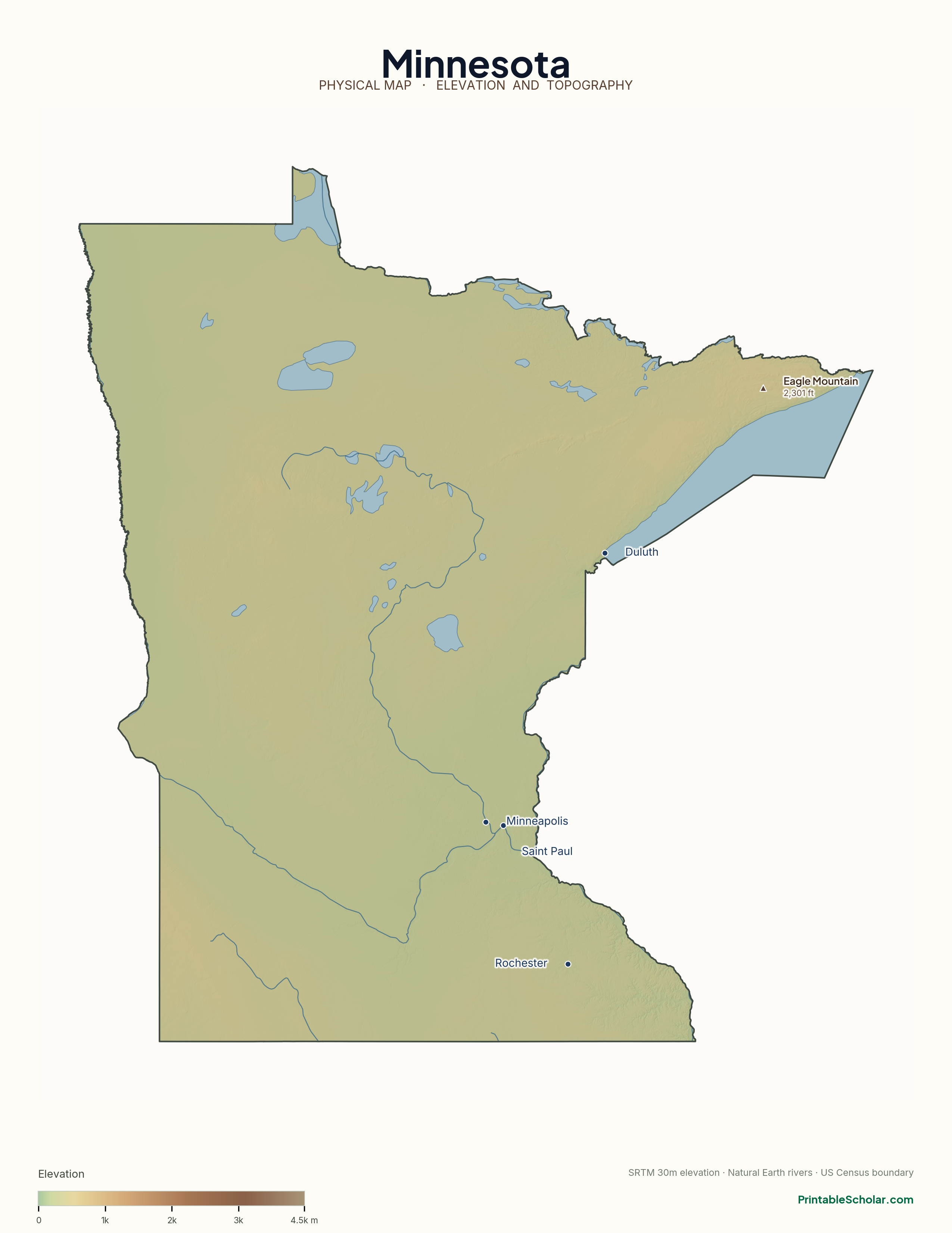 Minnesota physical map with labeled peaks, cities, and rivers