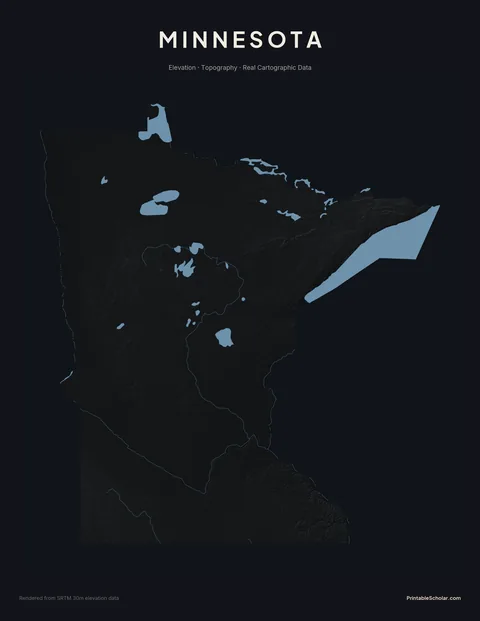 Minnesota topographic relief poster — high-contrast monochrome rendering of the Boundary Waters, the Mesabi Iron Range, the Driftless Area, and the headwaters of the Mississippi