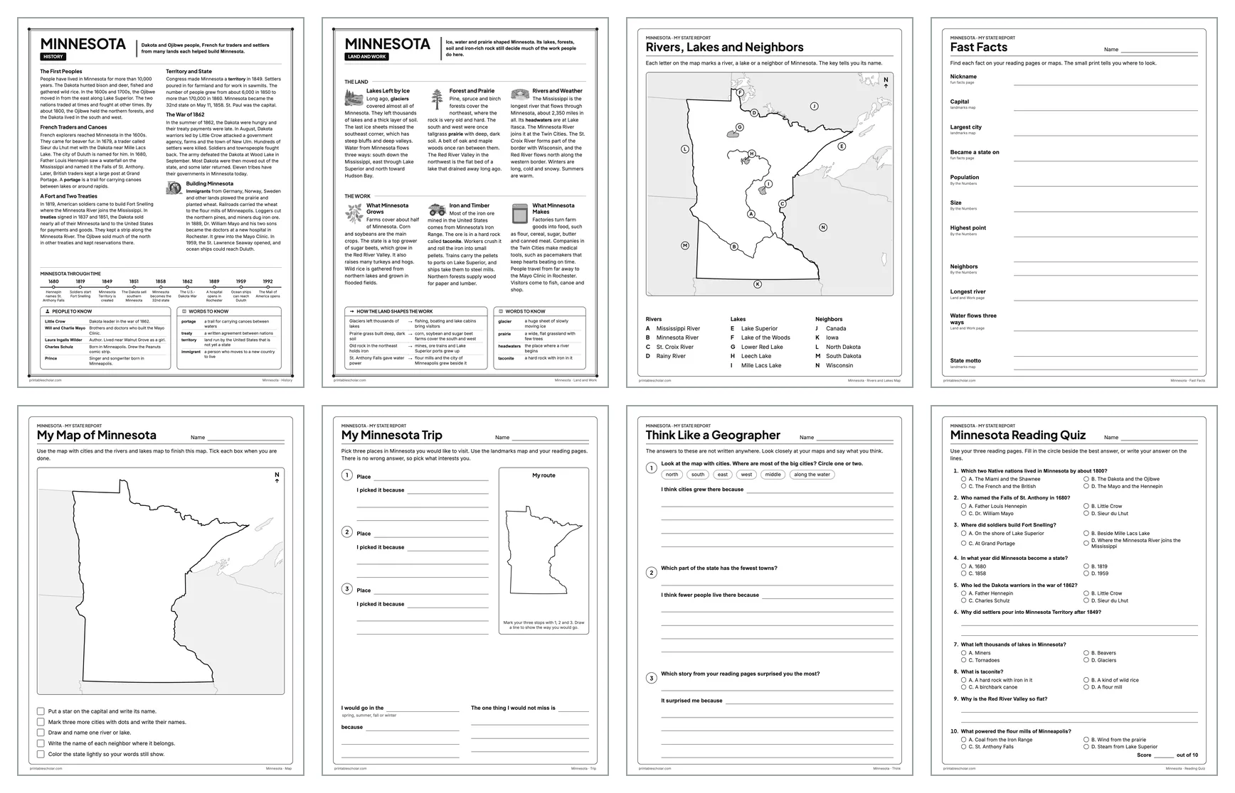 Eight pages from the Minnesota State Report Kit: History, Land and Work, the rivers and lakes map, Fast Facts, My Map, My Trip, Think Like a Geographer and the reading quiz