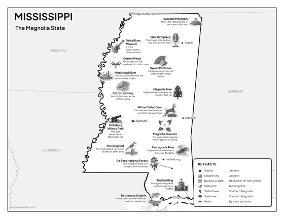 Black and white illustrated map of Mississippi