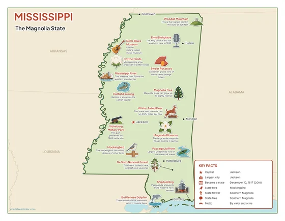 Illustrated map of Mississippi in color