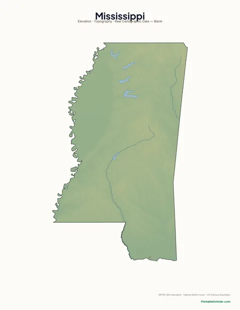 Mississippi blank physical map — same topographic relief, no labels, for label-it-yourself geography exercises