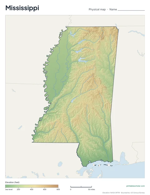 Mississippi blank physical map: the same terrain with no labels, for labeling practice