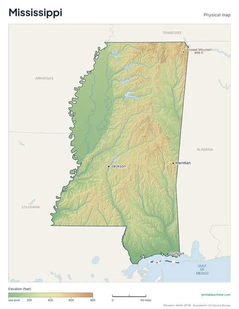 Mississippi physical map, labeled: the Mississippi Delta, the Loess Bluffs, and the Pine Belt, with the capital, cities and highest point marked