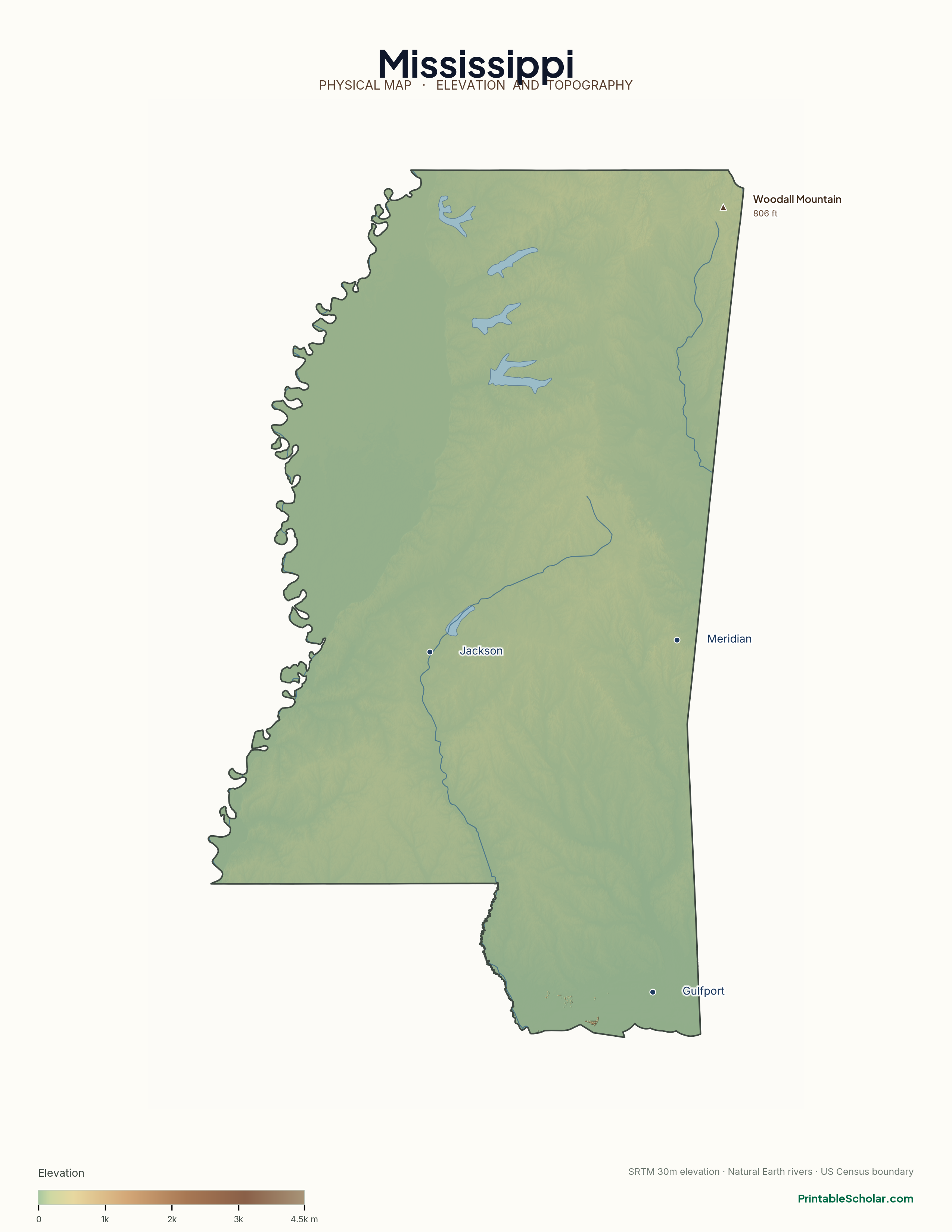 Mississippi physical map with labeled peaks, cities, and rivers