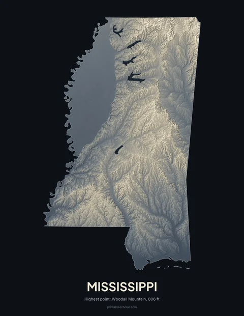 Mississippi relief wall art on a dark background