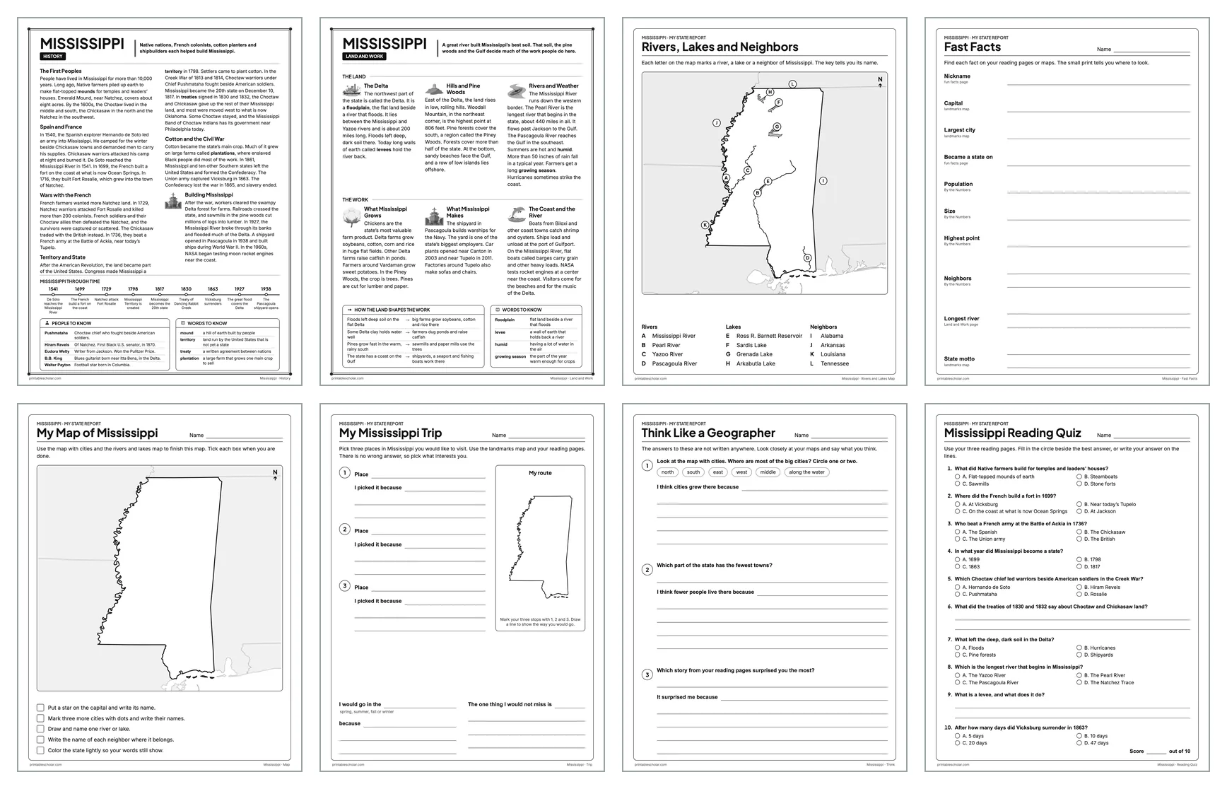 Eight pages from the Mississippi State Report Kit: History, Land and Work, the rivers and lakes map, Fast Facts, My Map, My Trip, Think Like a Geographer and the reading quiz