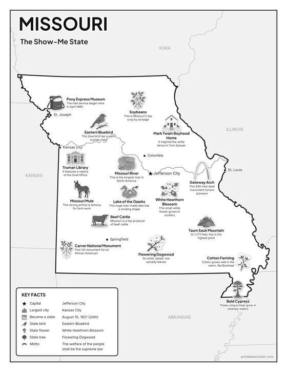 Black and white illustrated map of Missouri