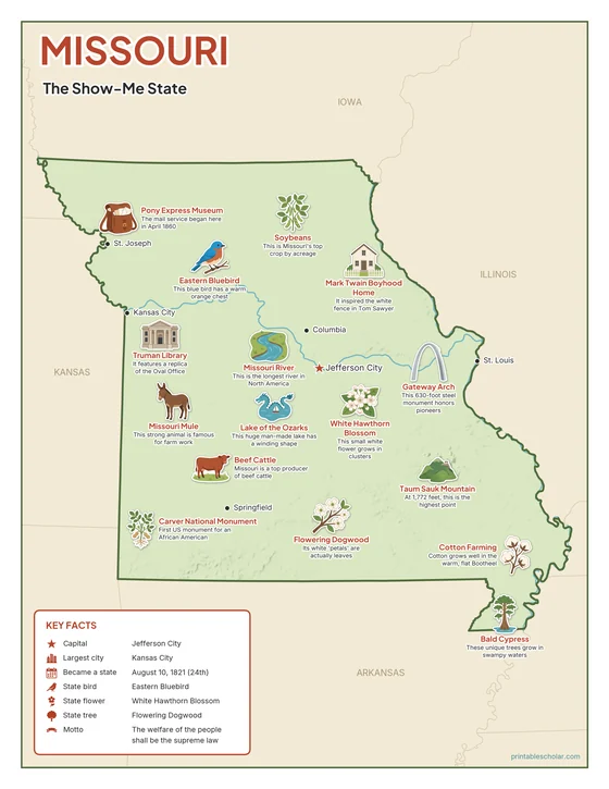 Illustrated map of Missouri in color