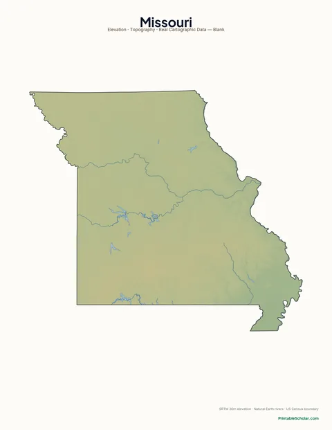 Missouri blank physical map — same topographic relief, no labels, for label-it-yourself geography exercises