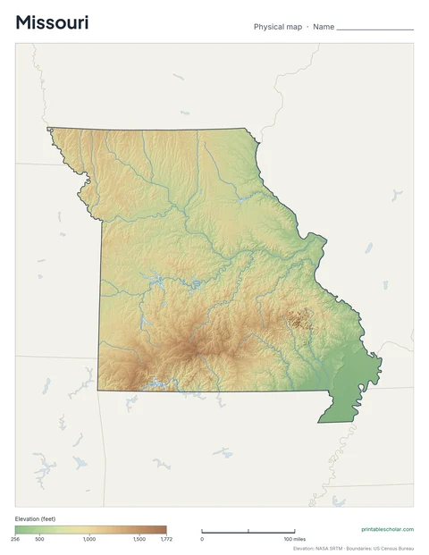 Missouri blank physical map: the same terrain with no labels, for labeling practice