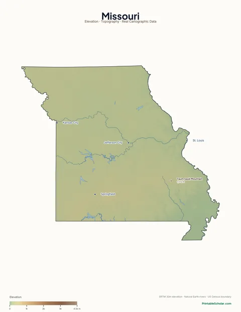 Missouri physical map labeled — showing the Ozark Mountains, the Mississippi/Missouri river system, and the northern glaciated plains, with peak elevations and major cities marked